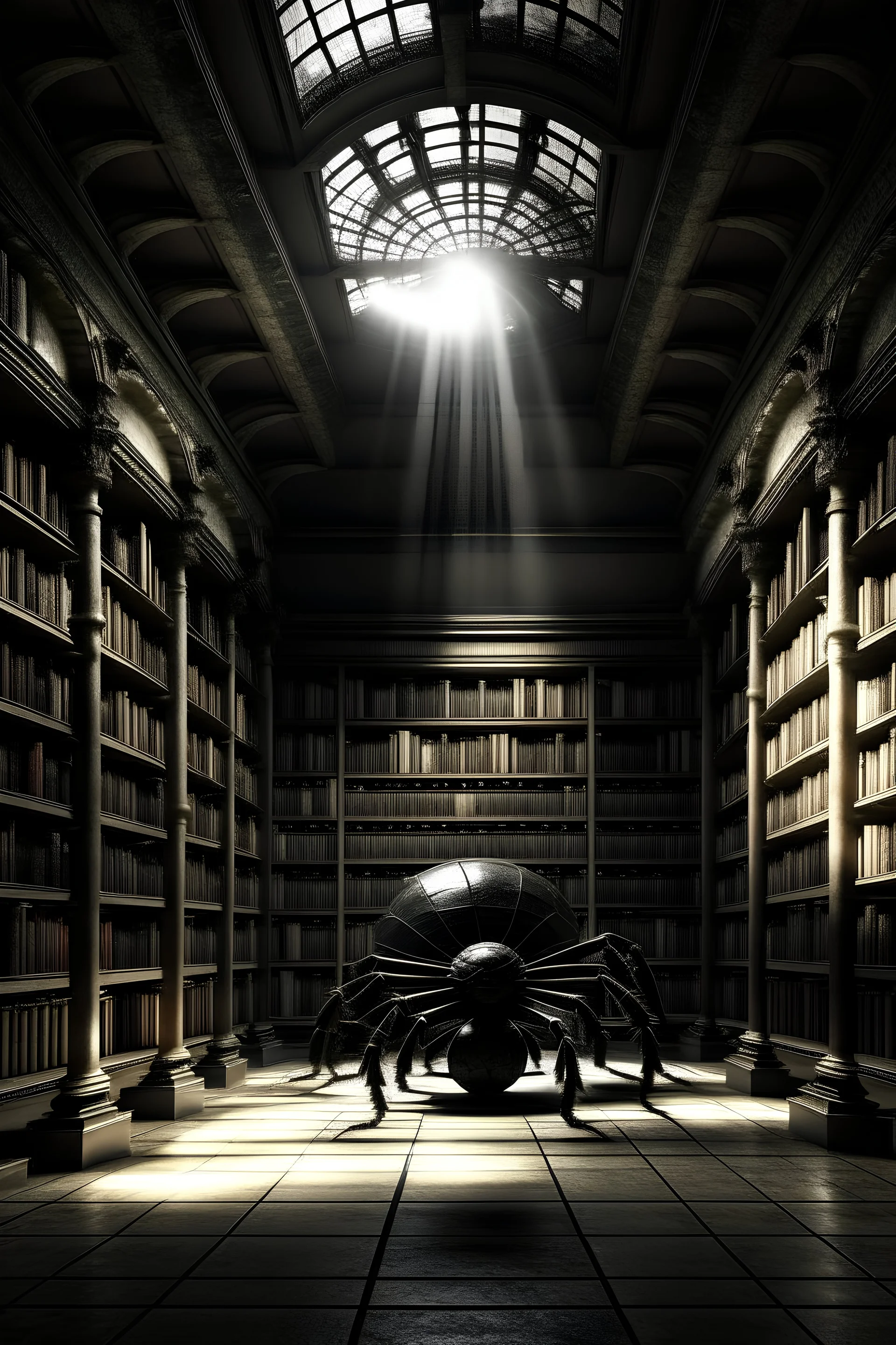 a large old library lit only by a hole in the ceiling and is being protected by a black spider