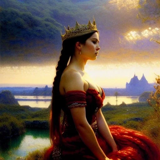 Drawing of 'busty Viking Queen',Braids,view,River, by gaston bussiere, greg rutkowski, yoji shinkawa, yoshitaka amano, tsutomu nihei, donato giancola, tim hildebrandt,oil on canvas, cinematic composition, extreme detail,fit full head inside picture,16k