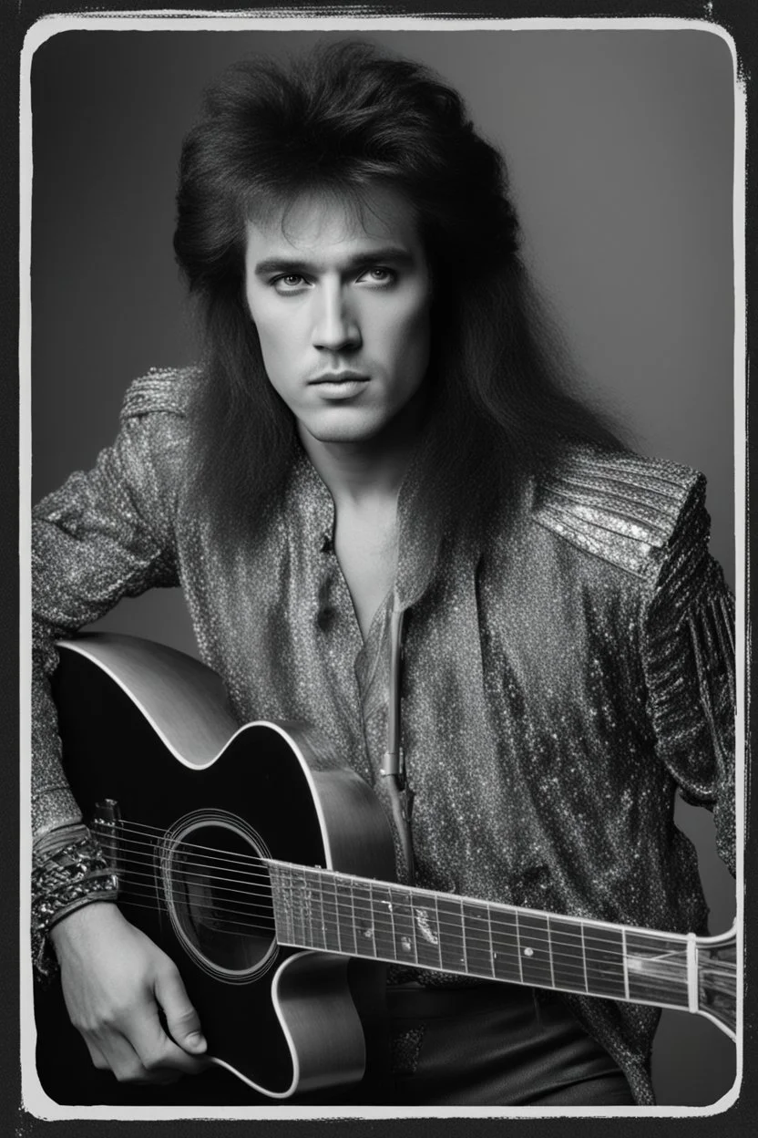 What Elvis Presley would look like if he were in a 1980s, big hair, glam rock band with long, teased up, spikey black hair,