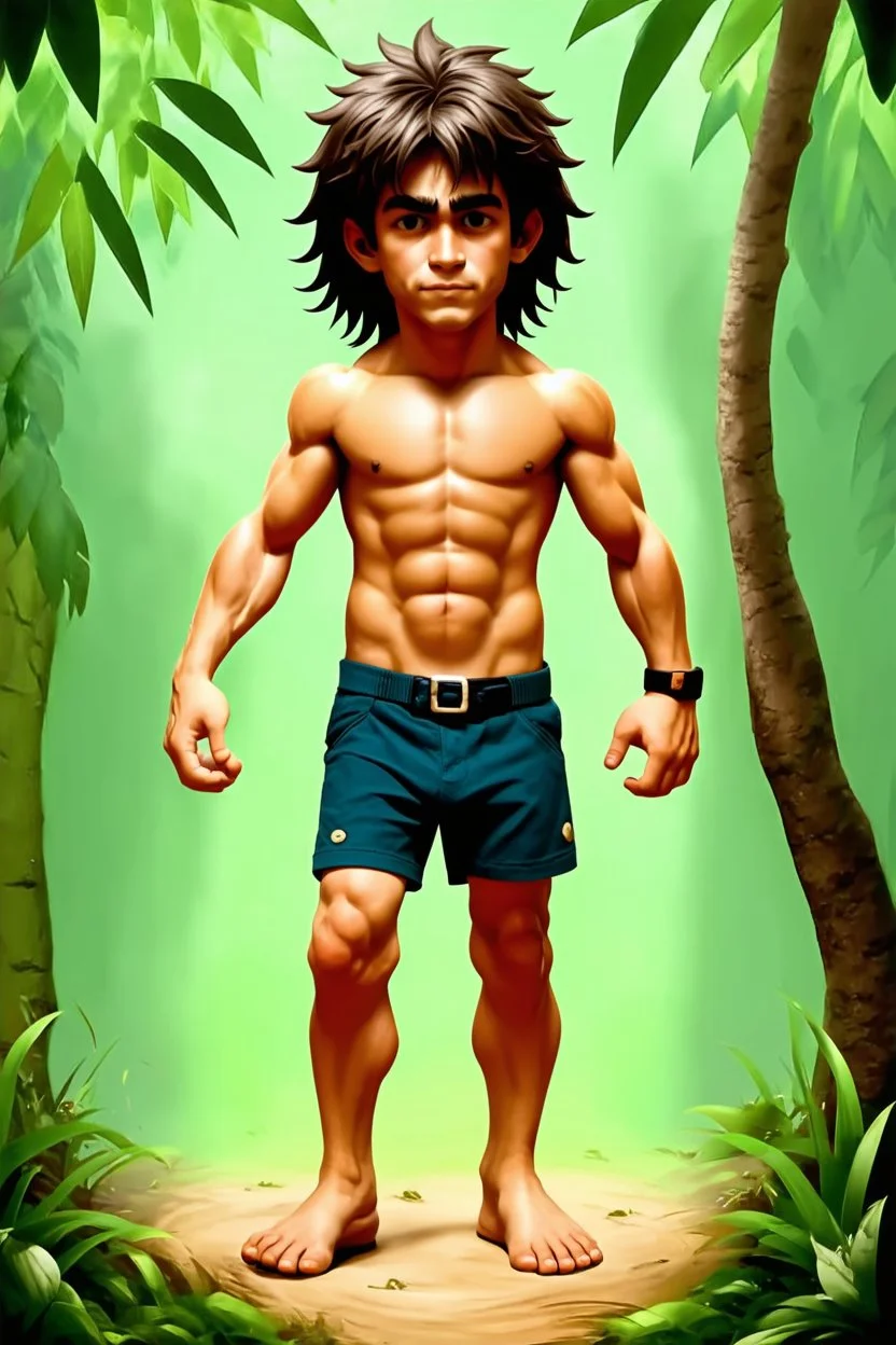 a beautiful young jungle boy with long hair ((full body view))