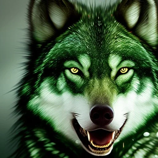 Green Wolf, red eyes, 8K, cinematic lighting, sharp focus, masterpiece, expert