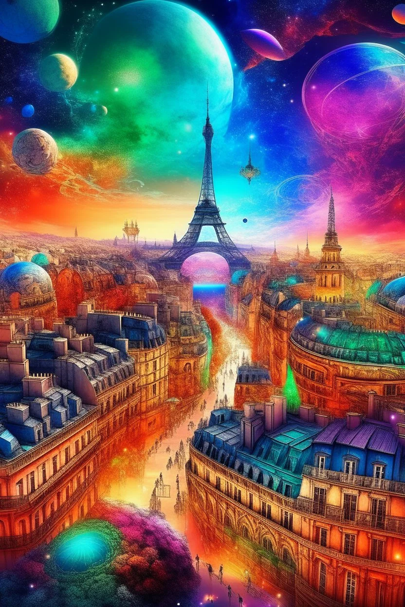 Paris and Lisbon mashup city in fantasy universe, striking, brilliant colors, cosmic galaxy