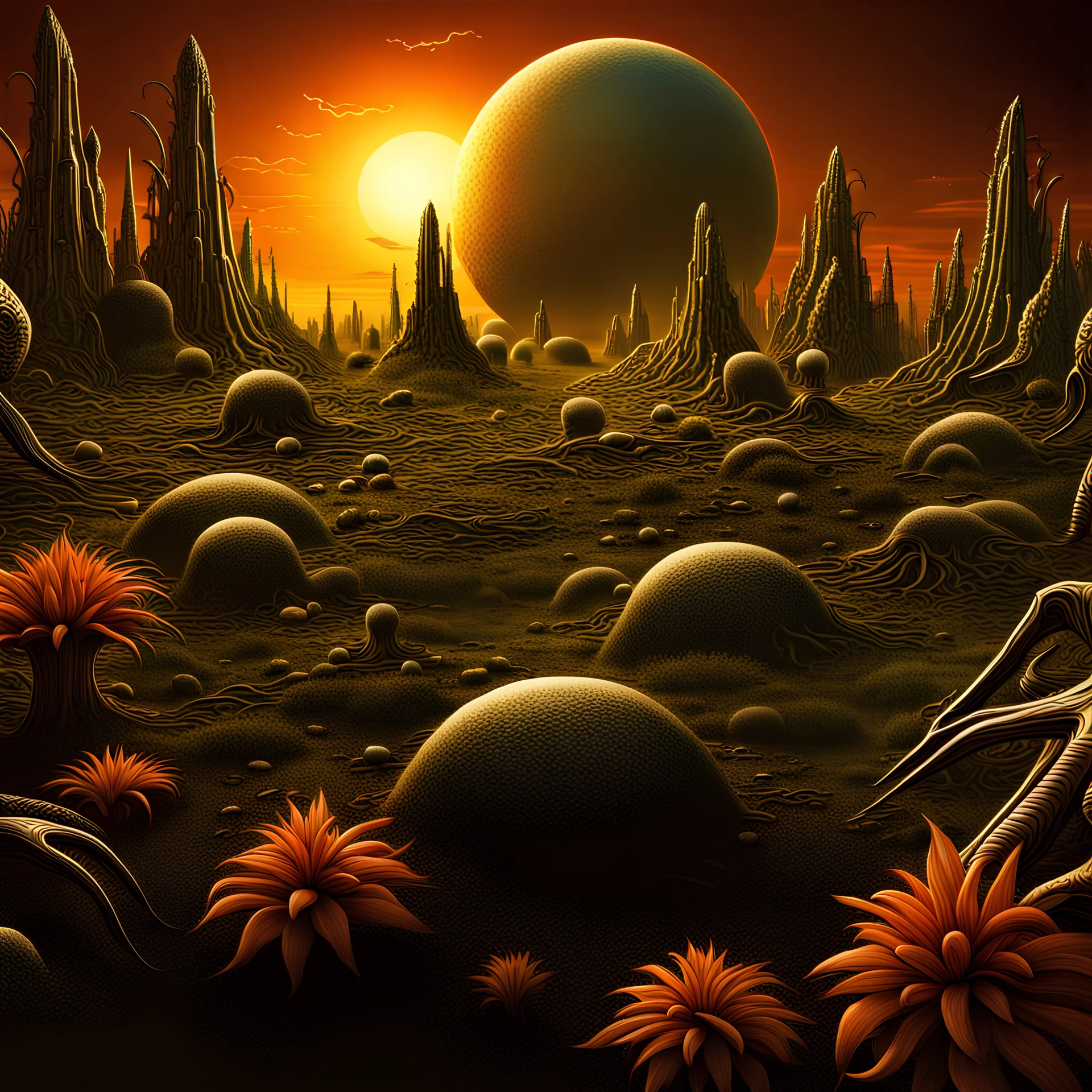 Design an otherworldly alien planet background with strange flora and fauna, sunset, ultra detailed, ultra realistic, extremely realistic, intricate, photorealistic, epic composition, masterpiece, H.R.Giger style