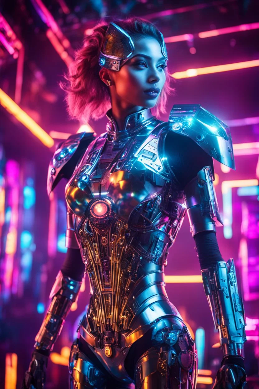 Photography High detailed super model beautiful woman as DJ body robot in disco club playing music,with cybernetic elements on metal armor futuristic, neon lights reflections,intricate design and details, dramatic lighting, Cinematic lighting, Volumetric lighting, Epic composition, Photorealism, Bokeh blurry