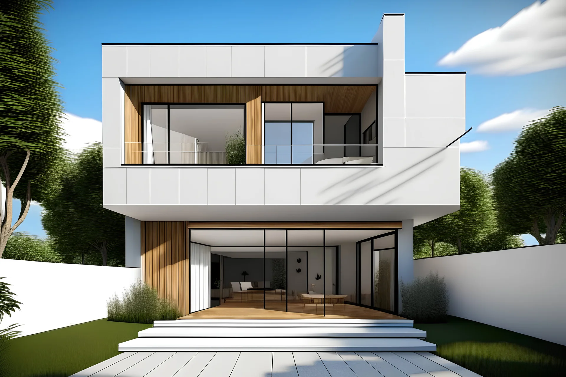 FACADE OF A MODERN MINIMALIST STYLE HOUSE WITH A SKY BRIGTH AND A LITLE TRES AROUND IT, WOOD ON THE FLOOR, WALLS WHITE
