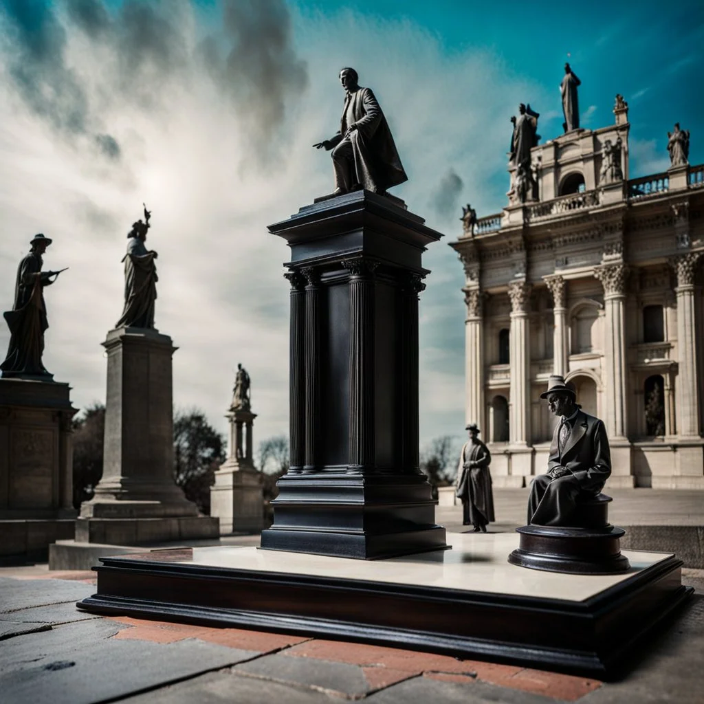 Foto realistica fatta con polaroid di diorama monumentale con statue e palazzi, Max Ernst e Yves Tanguy, accidentato, malevolo, disperato al massimo, ma con grazia