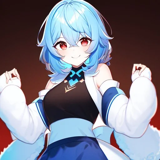 Clear focus, High resolution, rough line art, cute, cartoon, medium blue hair, hair between eyes, fluffy hair, red eyes, wearing a black sleeveless crop top, wearing a white jacket thats of her shoulders, wearing a blue skirt, cutsleeves blue strap and white color, intricately detailed outfit, smiling, 1girl