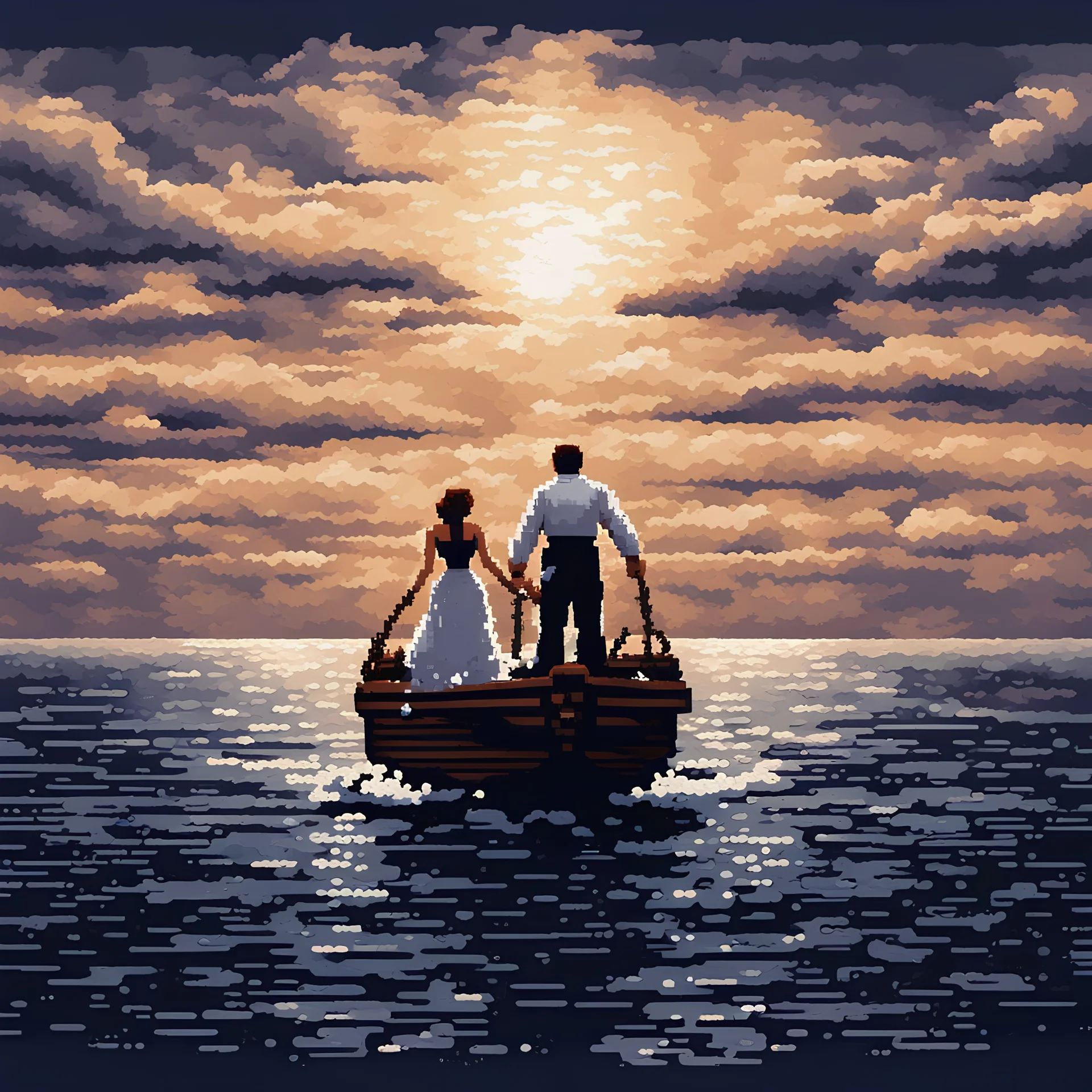 Create a pixel art rendition of the iconic scene from the movie Titanic, where Jack and Rose stand on the bow of the ship with outstretched arms. Capture the emotion and romance of the moment as they gaze into the horizon,