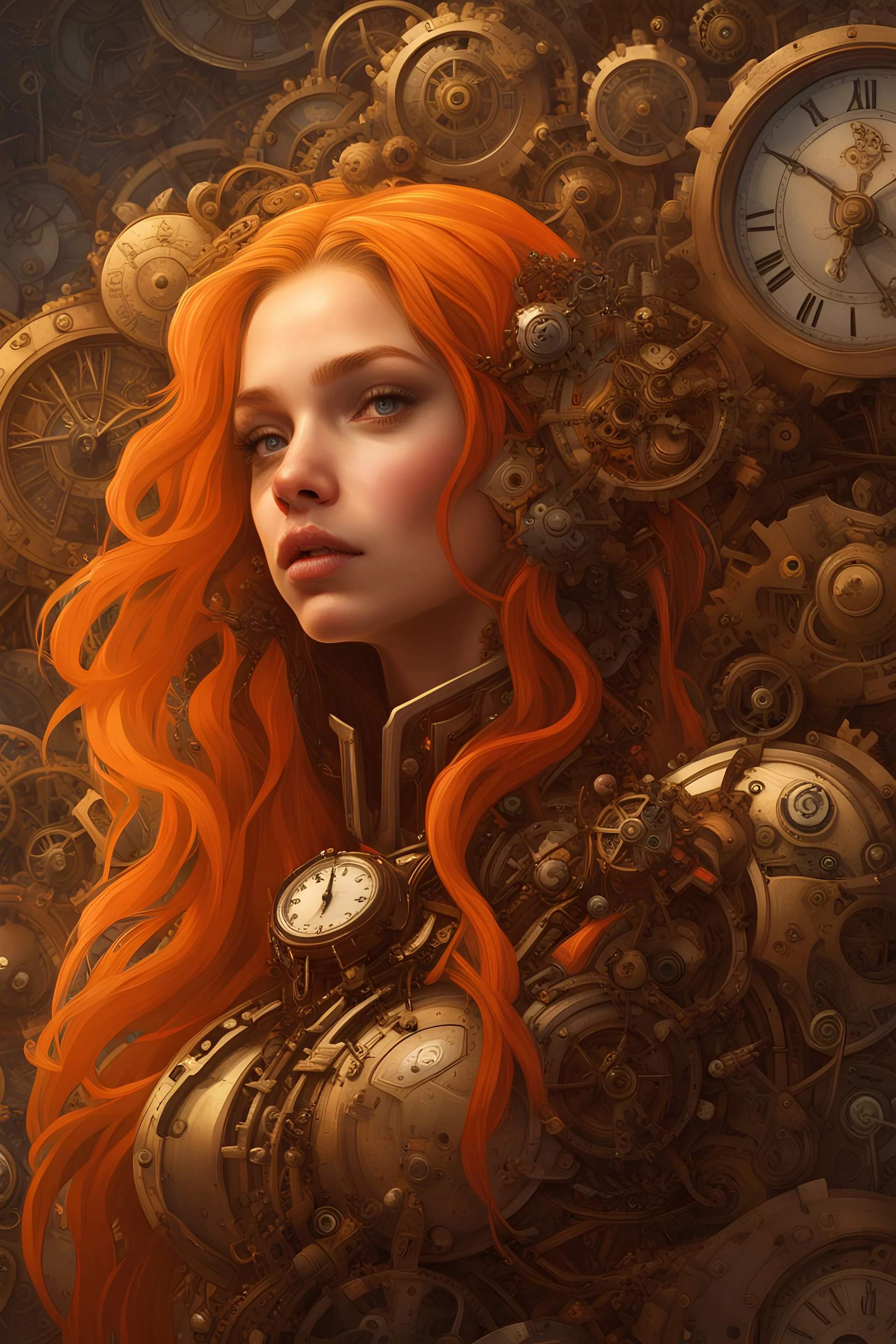 Beautiful time goddess surrounded by clocks and intricate gears, vivid orange wet hair, highly detailed face looks like Meika Woollard , detailed eyes, 8k resolution concept art Hyperdetailed, digital painting, Magali Villeneuve , Ismail Inceoglu, wlop , Android Jones and Julie Dillon, centered, symmetrical, soviet art