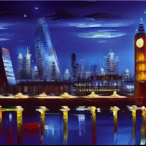 A monkey playing the drums, london skyline at night, oil painting