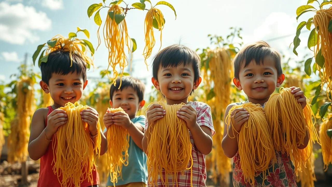 Young children harvesting spaghetti from spaghetti trees, happy, delighted, armfuls of spaghetti, sunshine, octane render, 16k post-production, artstation: award-winning: atmospheric: commanding: clarity: ultra quality: striking: brilliance: stunning colors: amazing depth; lens: f/16, 28mm