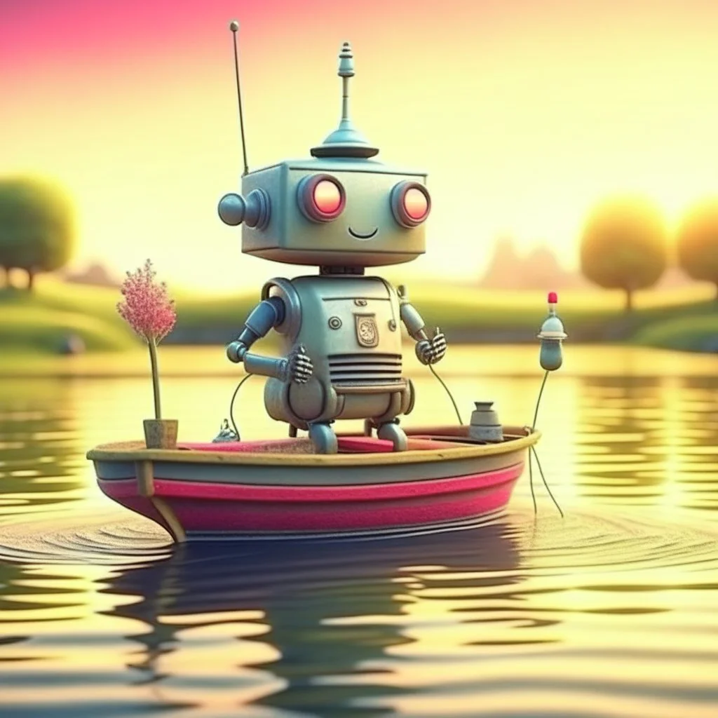 cute blessed robot get big fish on his rod from a small steam boat in a big lake, 8k, downlight, soft light, depth of field, photorealism, trending on art station, lotsa detail