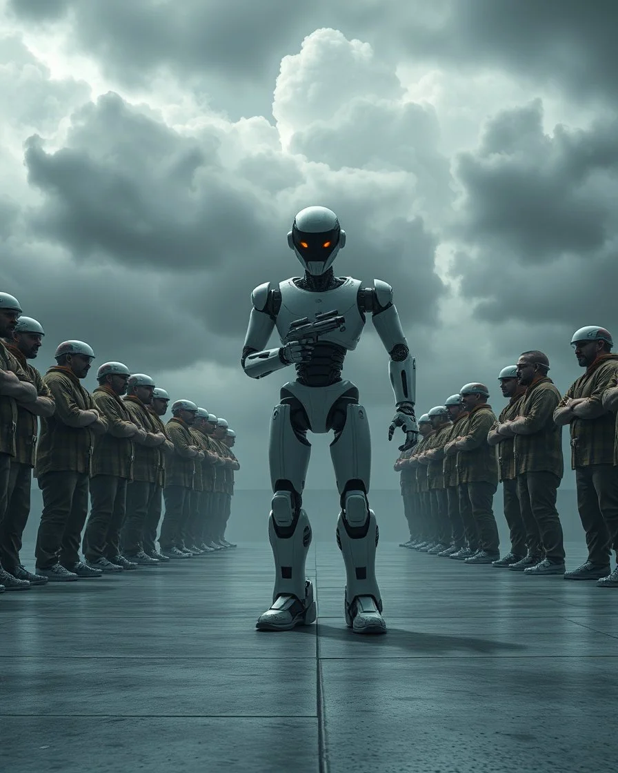 A few prisoners lined up in circle , one after another , in the middle a an Ai robot as guard with laser gun , great quality picture with cinematic scenes , heavy clouds in the background