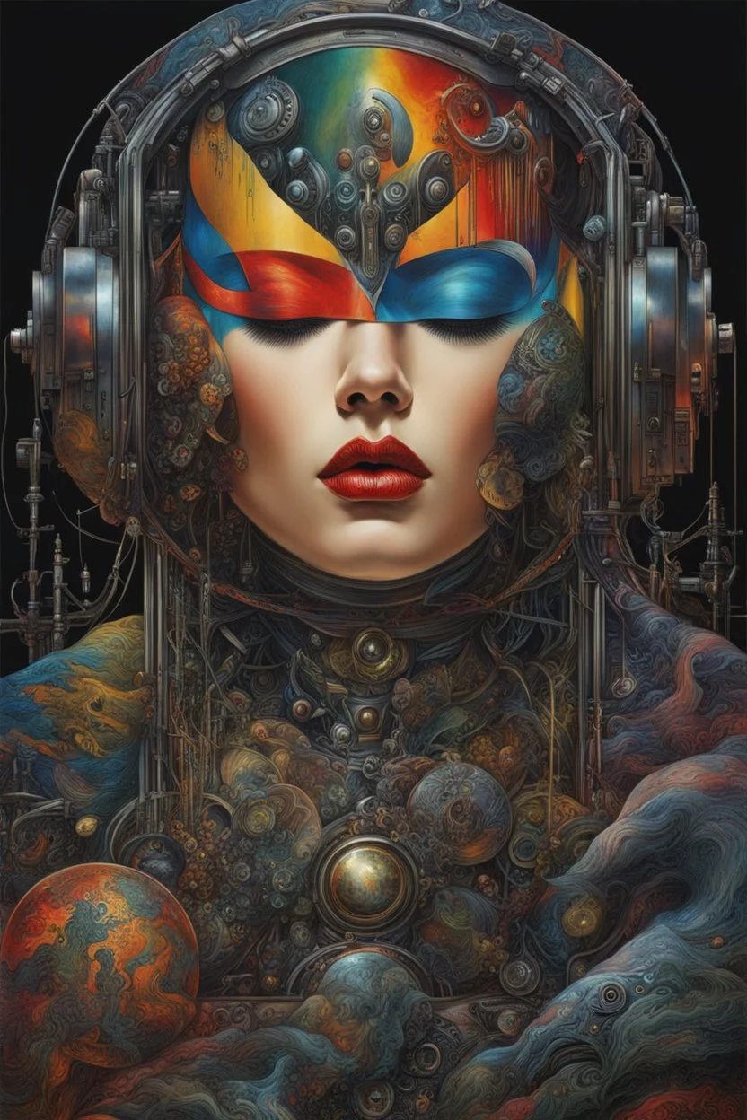 888 weird mystic ,dark , fantasy, sinister, Joan Miro and Sorayama Hajime, fantasy hyperdetailed, weirdart, cyberpunk, dark colors, extreme high illustration, textured hypermaximalism, masterpiece, intricate details, reflections, cinematic