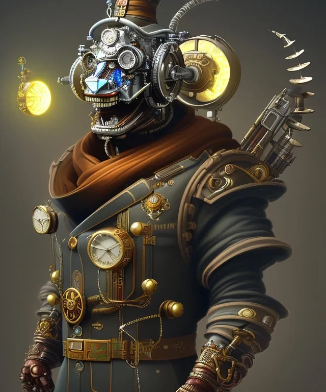 evil mechanical person with a steampunk theme, realistic