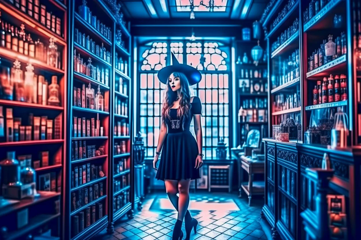 full-height shot of a young witch in a tight black short skirt, inside a large magic shop, shelving, bottles, windows