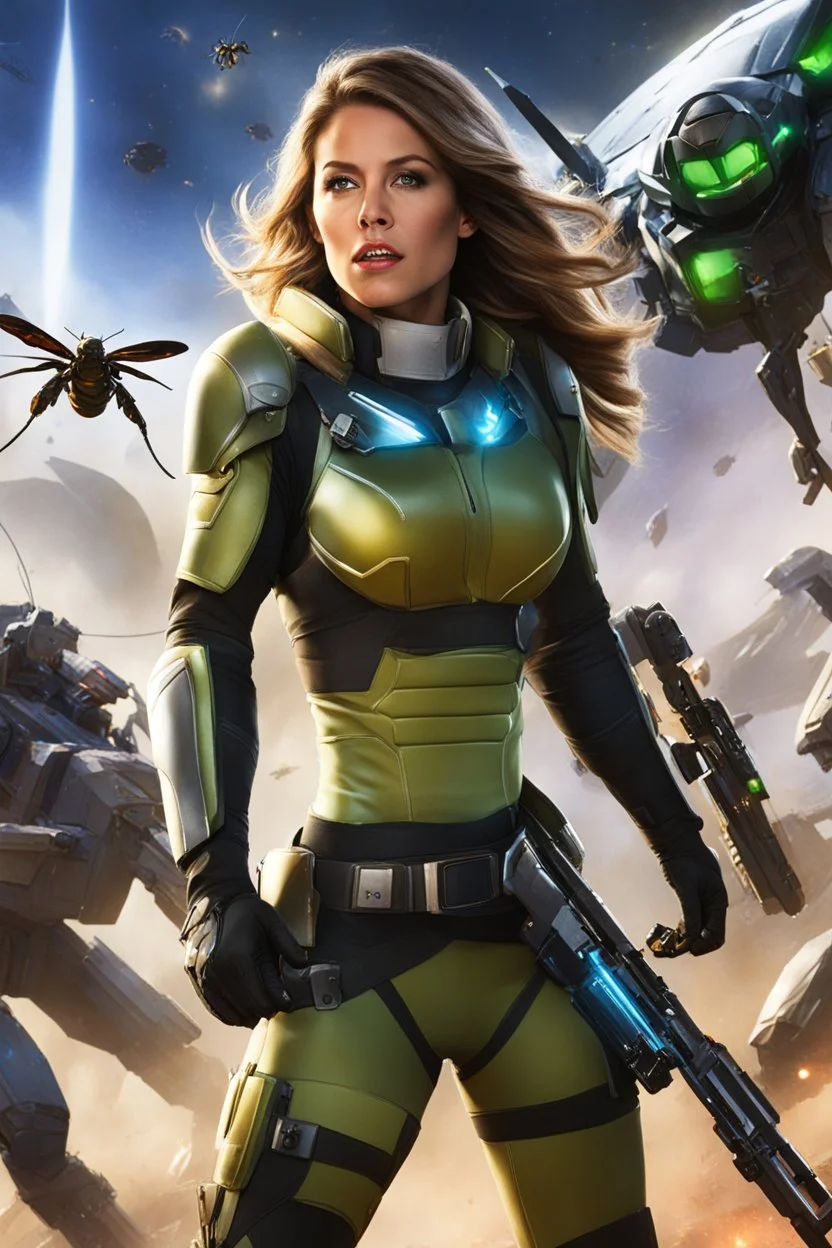 Captain Aurora Mitchell swiftly reacts as the exploration team is attacked by giant insects in the mesmerizing world. She commands the team to form a defensive perimeter and stay together, keeping their backs covered. Instructions are given to use stun blasters, targeting the insects' weak spots like joints and eyes. Captain Mitchell emphasizes the importance of focus and coordinated efforts to overcome the challenge. Her resolute voice instills confidence and unity among the team. As the battle