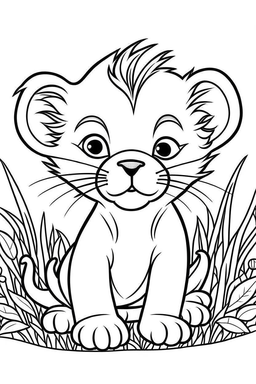 cute coloring page, sketch style, cute baby Lion in the jungle, cute cartoon, white and black, withe background, no shadows, outline.