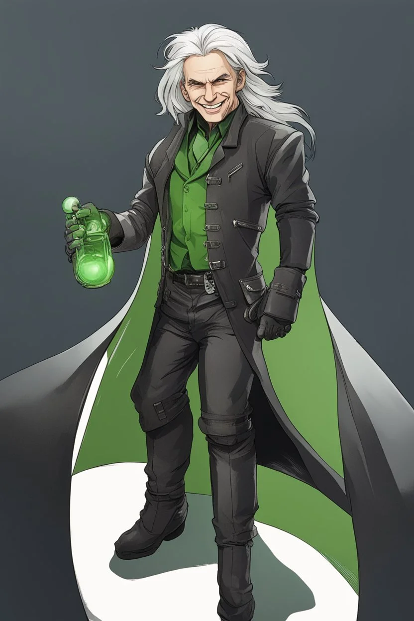 plauge doctor in balck leather clothes with silver hair, pale skin and bright green eyes smiling with sharp teeth