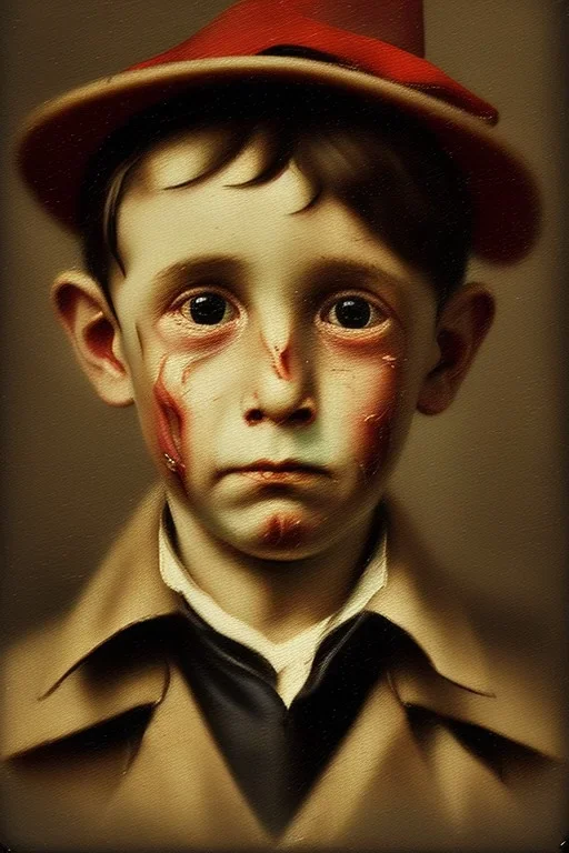 damaged oil painting, portrait of oliver twist, boy crying, oil on face, 1800s clothes, wearing tophat, factory and oil in background, atmospheric lighting