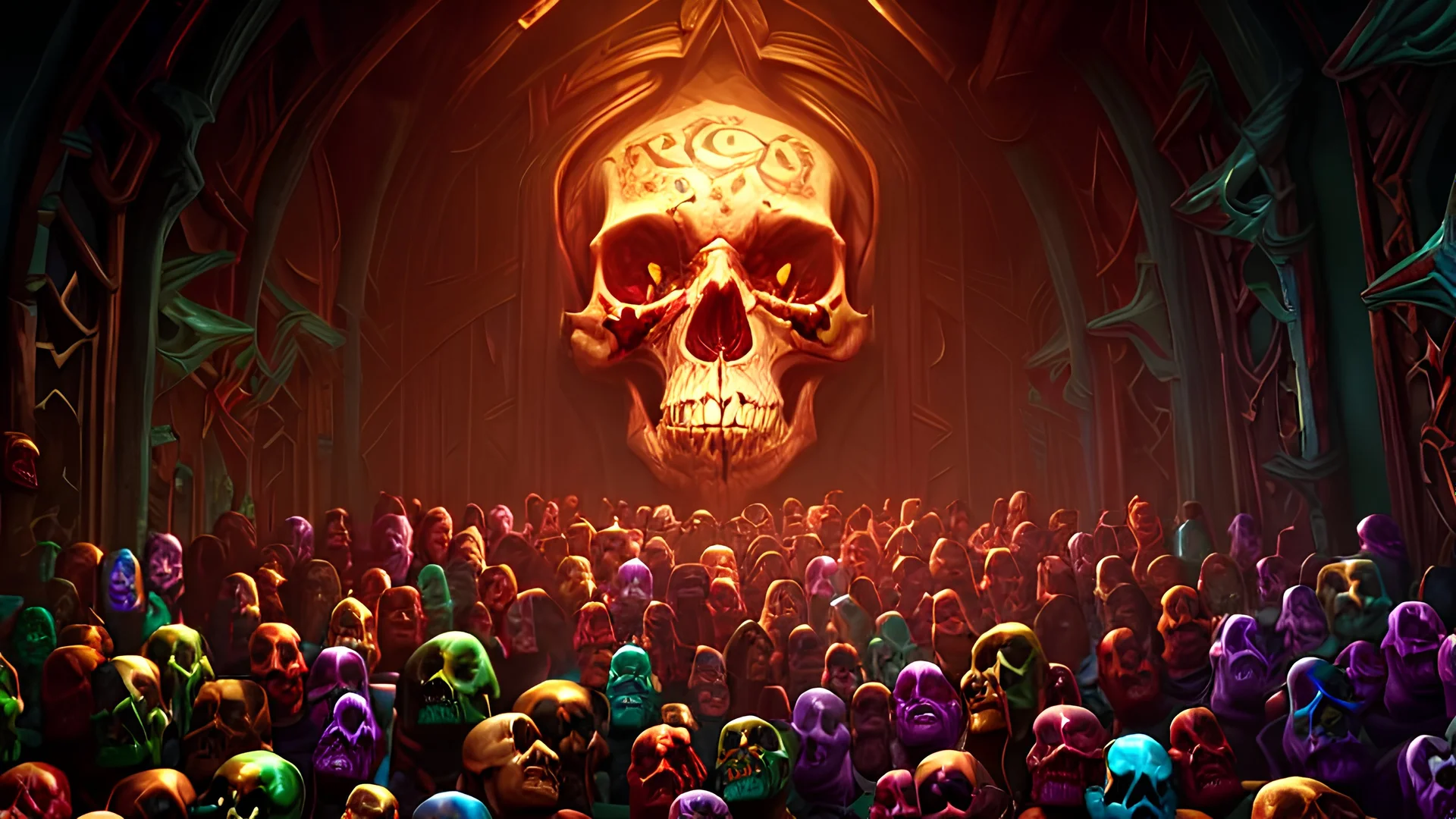 a picture of a dark, comedic, anatomically correct wall of colorful tightly packed skulls of varying sizes and expressions, photo realistic, insanely meticulous, highly detailed, part of a collection of bones on display, 64k, dystopian, vray