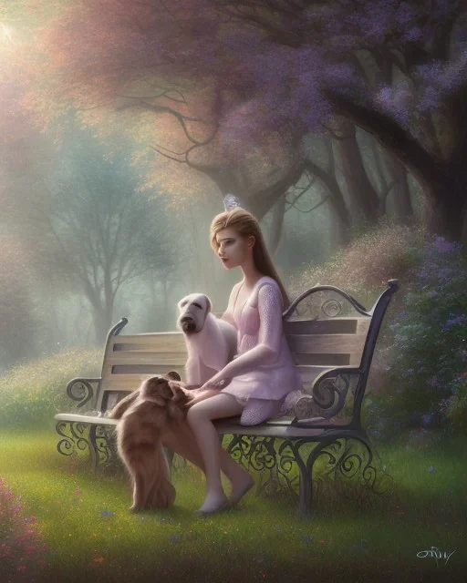 park mystical dream, park bench, man, woman, child, dog, trees, path, bird, sunshine, mystical, fantasy, romanticism, pastel colors, daylight, daytime, acrylic painting, detailed, soft focus,