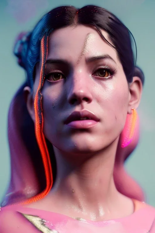 Realistic image, Rosalía artist, portrait, waist up portrait, pink black eye line, sweet, gold, pink, geisha style, led lights, fog, rain, latex, vibrant color, highly detailed, art stations, concept art, smooth, unreal engine 5, god rays, ray tracing, RTX, lumen lighting, ultra detail, volumetric lighting, 3d, finely drawn, high definition, high resolution.