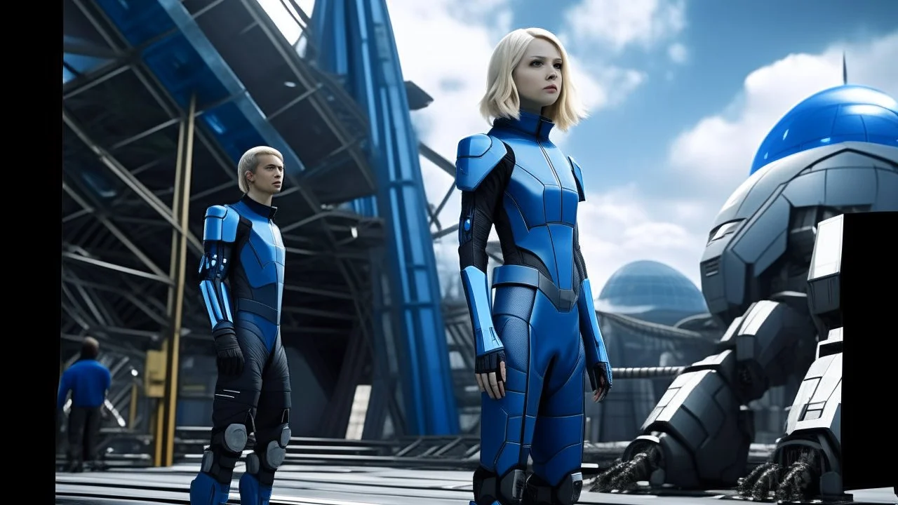 A full-body photograph of a young, slender woman with blond shoulder-length bob hair in a blue jumpsuit, standing in a futuristic cityscape with advanced spacecraft behind them, with an android in a huge metal exosuit with a helmet standing guard beside her.