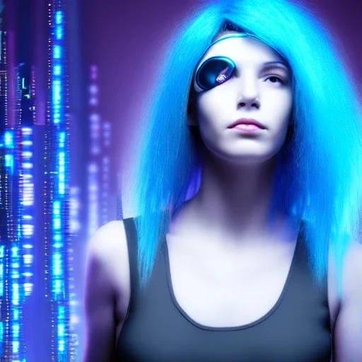 cyberpunk, body, woman, rendering, blue hair, electric circuits in backgound, googles