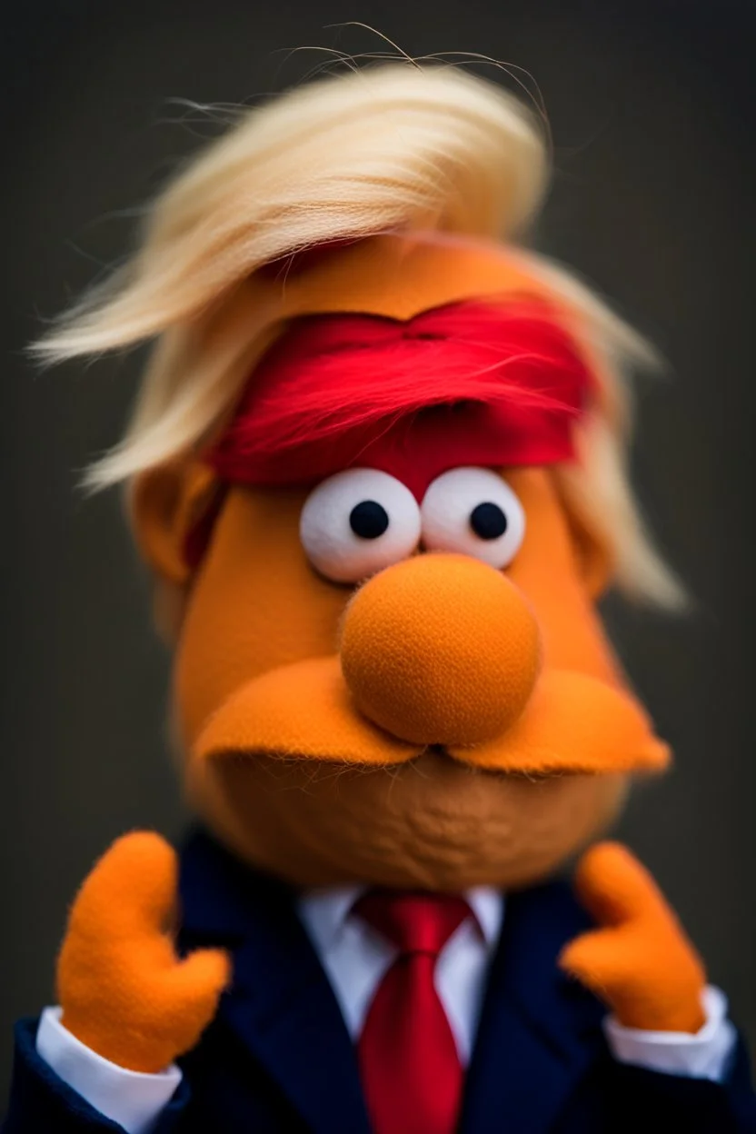 a Film Photograph of a realistic angry orange Donald J. Trump Muppet made of felt and fur wearing a dark blue suit and red tie and with blonde hair combover, he is old and angry with a small round mouth