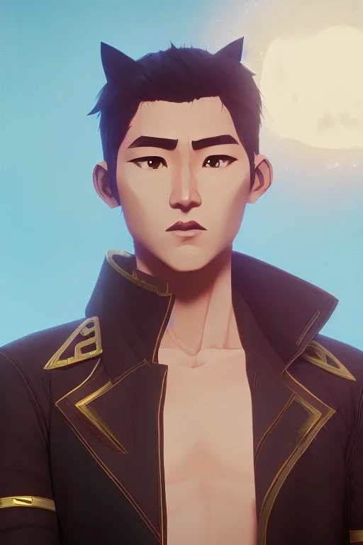 Make Asian Actor with cat ears in a leather jacket on the moon