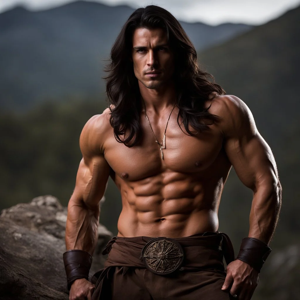 Handsome and muscular 30 year old shirtless mountain man long dark hair, dark fantasy, no background