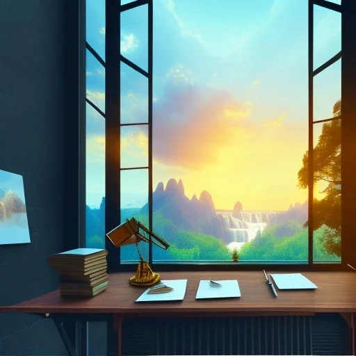 old wood sober house, large desk, parquet, sheet of paper, little pen, office chair in front of a huge picture window with large view on a waterfall with warm light, sunset ,photorealistic, detail, panorama, nature, globe, 8K, Hallelujah mountains, view first person