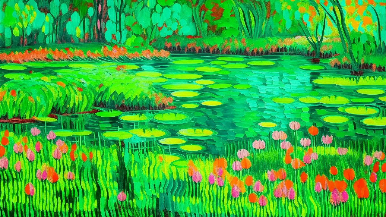 A neon green wetlands with garlic designed in Navajo woven art painted by Claude Monet