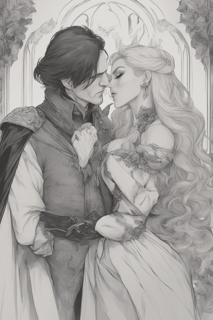 Strahd Von Zarovich being kissed on the neck by a beautiful woman with white hair, wearing an off the shoulder dress. Settling and background are a lavish toomb with an ebony coffin.