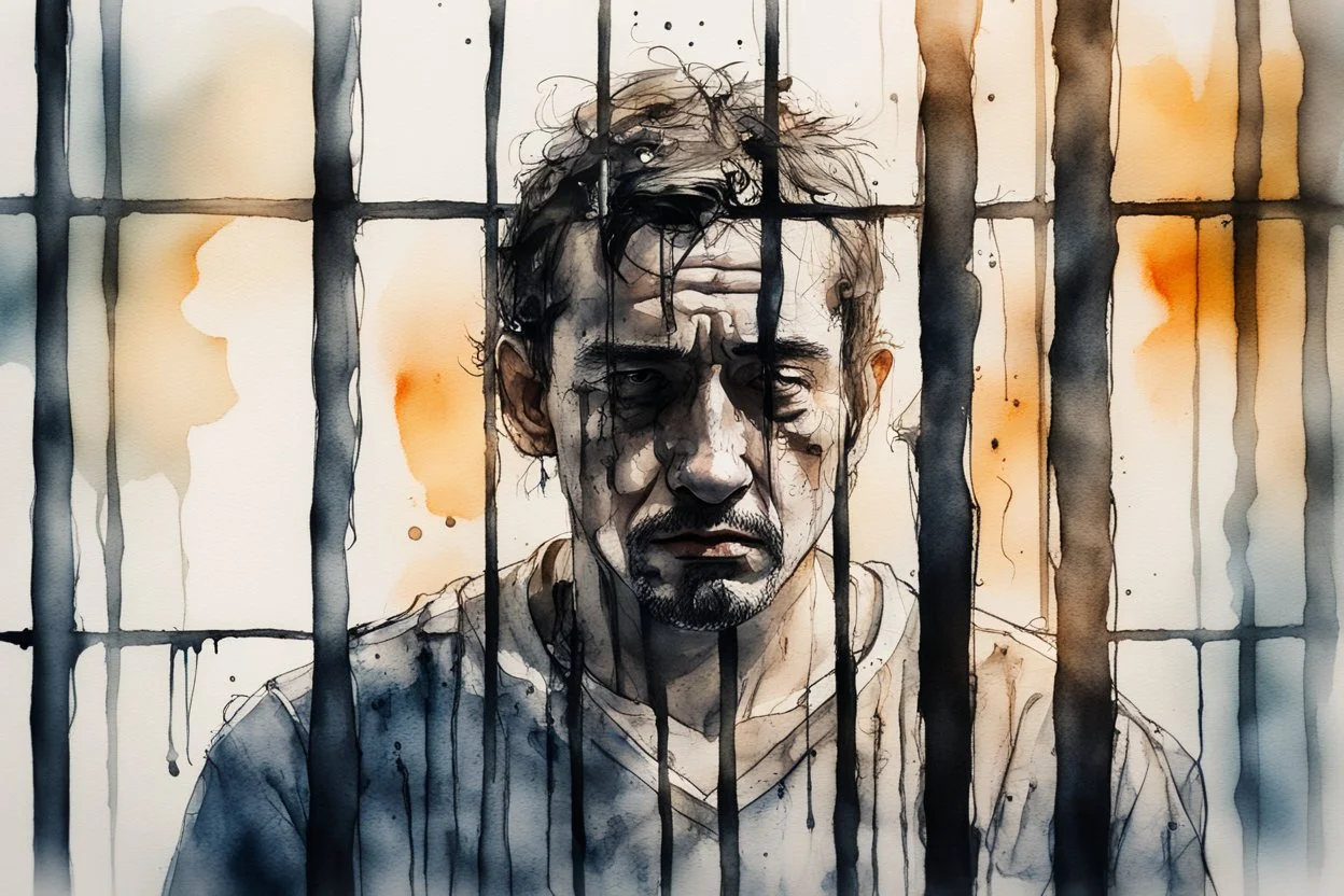 sad, bowed-headed incarcerated man behind bars with his back to us, melting watercolor and black ink outlines on wet paper, soft, shading strokes, in sunshine, ethereal, otherwordly, cinematic postprocessing, bokeh, dof