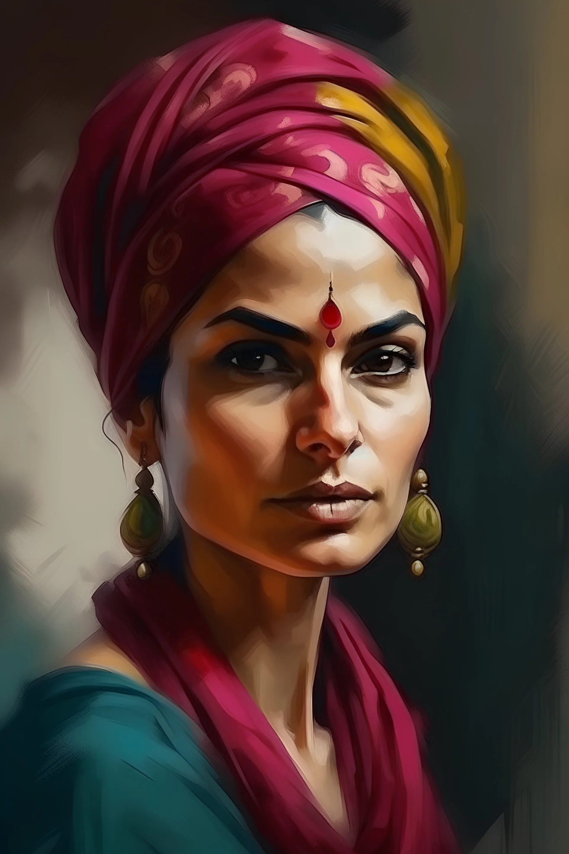 Painted portrait of Hindi woman in turban painted by paint brush in style of Tamara Łępicka