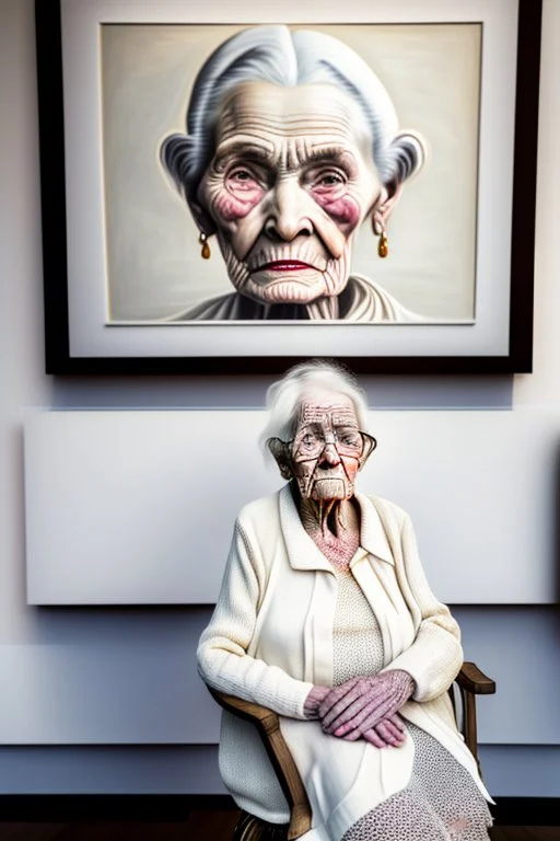 an old wrinkled woman sitting on a wooden chair, half dressed in dropped cloth, she is on display in a high end white art gallery, she is quite and no emotions, the original painting of Venus is on display on the wall, .ultra realistic photo,. highly detailed 32k, strange and weird modern art creation, surrealistic image