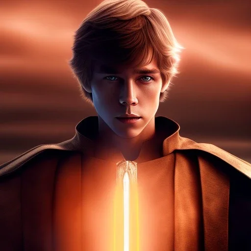 model shoot style, digital art portrait of (young Luke Skywalker) ((dressed in jedi tunic)), surrounded by 100 planets, ultra-detailed, ultra quality illustration, eerie atmosphere, 8k, cinematic lighting