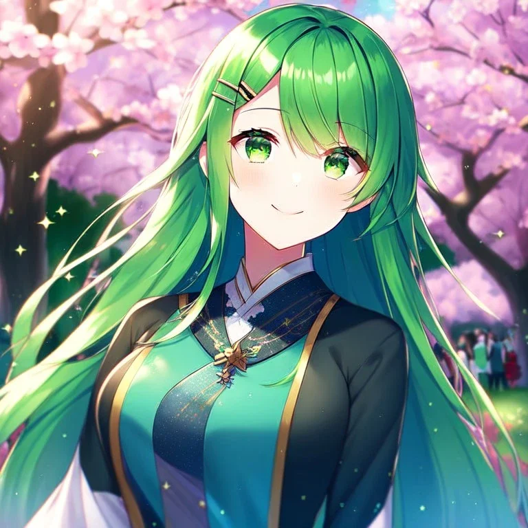 girl, masterpiece, best quality, cinematic lighting, detailed outfit, perfect eyes, long hair, green hair, green eyes, hairclip, outdoors, ray tracing, god rays, in spring, cherry blossom, sparkle, depth of field, smile,