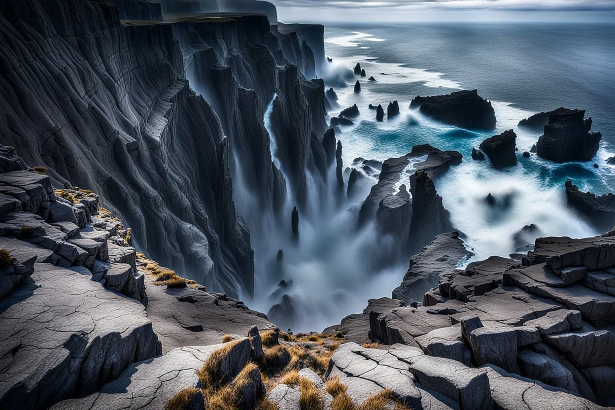This mesmerizing ocean cliff scene captures the dramatic power and beauty of nature. Towering rugged cliffs stand majestically against the vast expanse of the ocean, where the water pours into a singular bottomless pit. The cliffs, with their sharp and jagged edges, create a stark contrast to the rough, flowing water, making the scene even more captivating. Sunlight pierces through the mist rising from the waterfalls, creating a magical, ethereal atmosphere