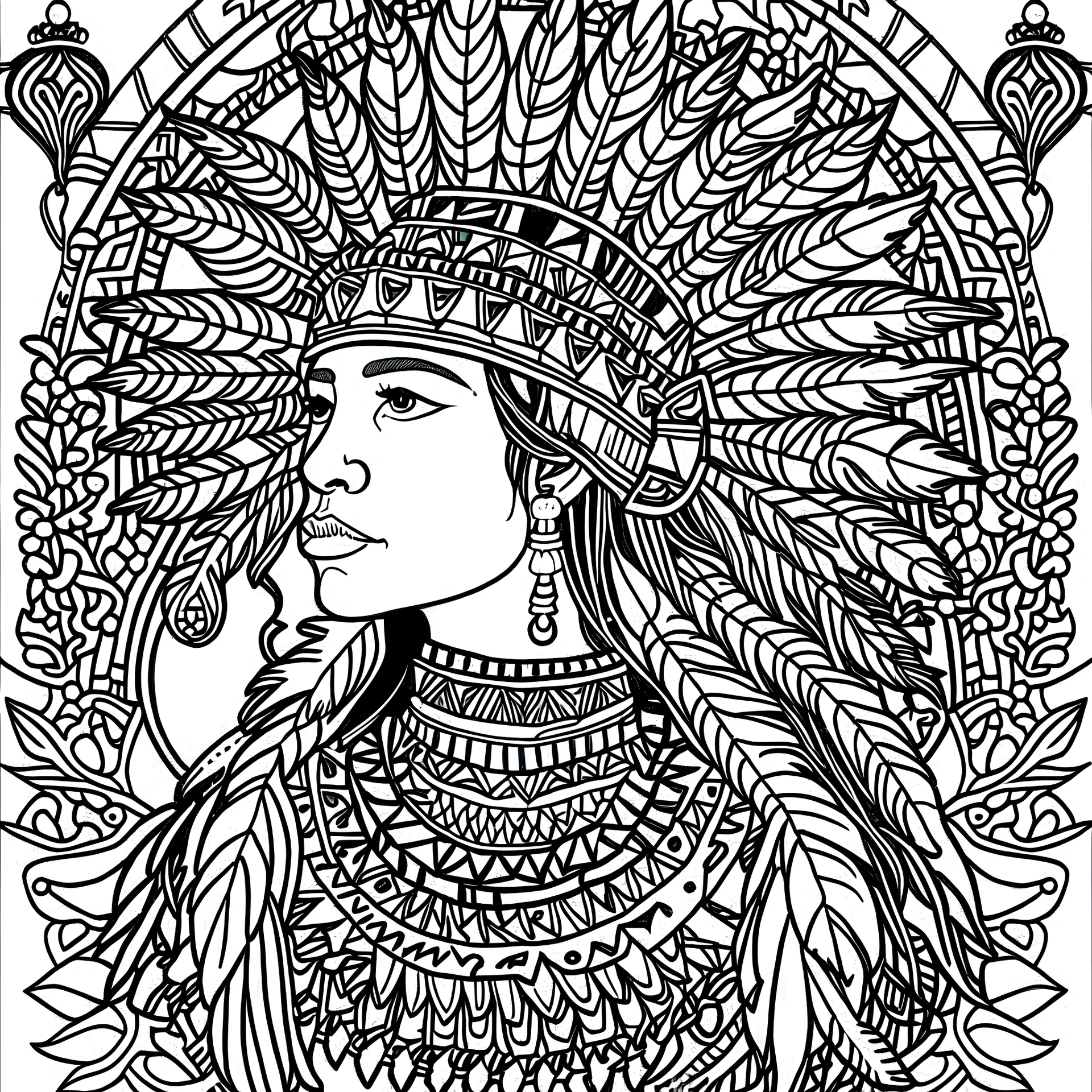 coloring pages black and white indigenous cultures of North America, often featuring motifs like dreamcatchers, totem animals, and geometric patterns in earthy colors