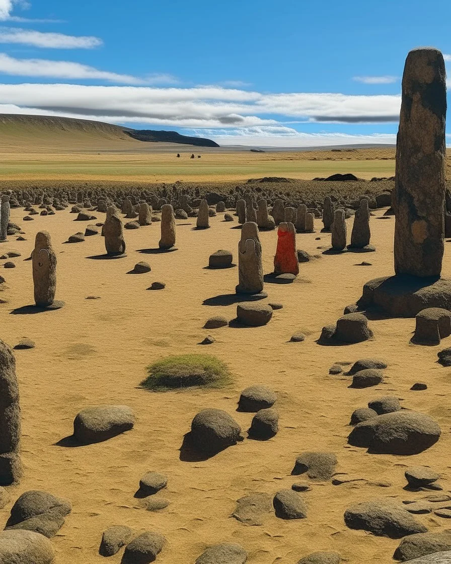 A brown wasteland desert with a rocky road designed in Moai statues painted by Jackson Pollock