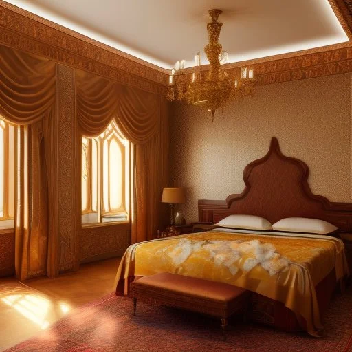 a pinhole camera photo of sunlight streaming into a sumptuous Arab-style bedroom