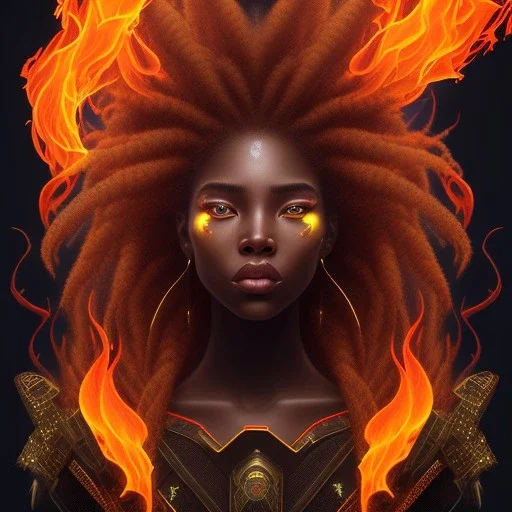 3D. Detailed Painting .realistic. Dark skin women. Beautiful. the faces of two young black women. Warm. Fire nymphs emerging from the flames.red.. Energy. Focus. THeir hair looks like smoke .smoke curling. Dreadlocs. Their skin is the colour of charcoal . Their hair moves like smoke. . their clothing is made of flames, red. Orange. Yellow. White and gold