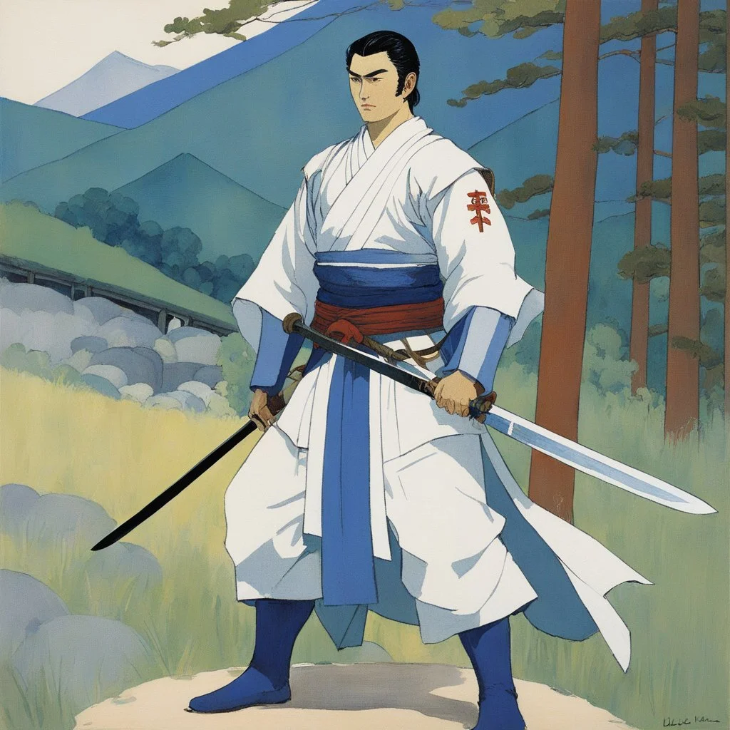 a naive painting of a paladin in linen tunic, he holds a katana in Kasumi-no-Kamae stance, thick lines, large areas of flat color, la ligne claire by Kupka