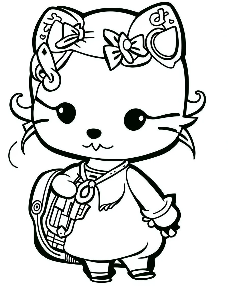 outline art for real Hello Kitty coloring page, Japanese manga style, cartoon style, cute face, white background sketch style, full body is a must, only use outline, clean line art, no shadow, bold outline