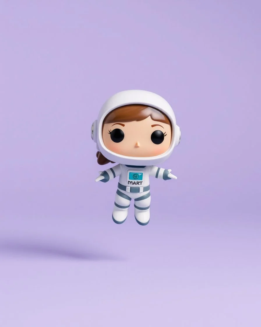 pop mart's space molly cosmonaut figurine, floating on solid background color
