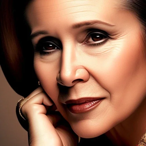 realistic analog style photography by Annie Leibovitz, Beautiful photorealistic close up face of carrie fisher, soft ethereal skin, symmetrical short hairstyle,studio lighting, sharp brown eyes, dark plain background