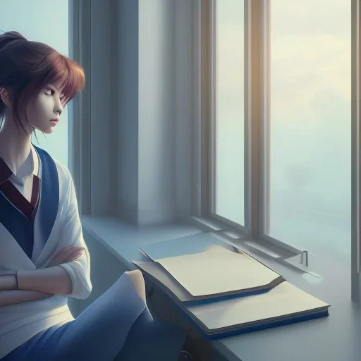 Anime, female student studying under window, studying lesson, perfect face, cool face, ultra detail, unreal engine 5, cinema4d, sun light, studio lighting --ar 1:1 --v 4